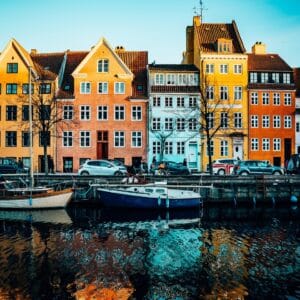 copenhagen, christianshavn, harbour, colourful, houses, nordic, canal, denmark, nature, boats, architecture, travel, europe, reflection, water